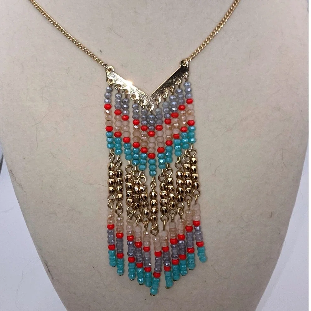 Premier Designs Necklace Gold Turquoise Red Excellent Lively Long Statement